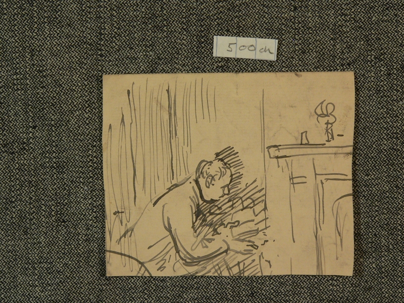 Ink sketch, woman warming her hands by a fireplace. verso scrubbing floor