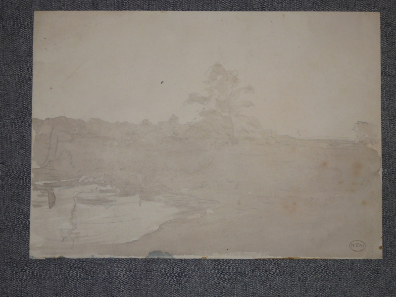 Watercolour landscape with tree pond in foreground. Dra/266