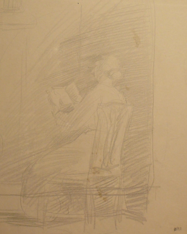 Recto: Rear view of a lady reading, rear lit. Verso: seated lady facing a bird cage