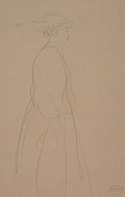 209ch 3/4 length quick study lady in a skirt and hat with a bag facing left.